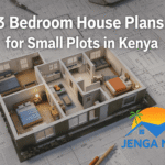 3 bedroom house plans for small plots in Kenya shown as a modern floor plan layout on architectural blueprints for Jenga Nyumba.