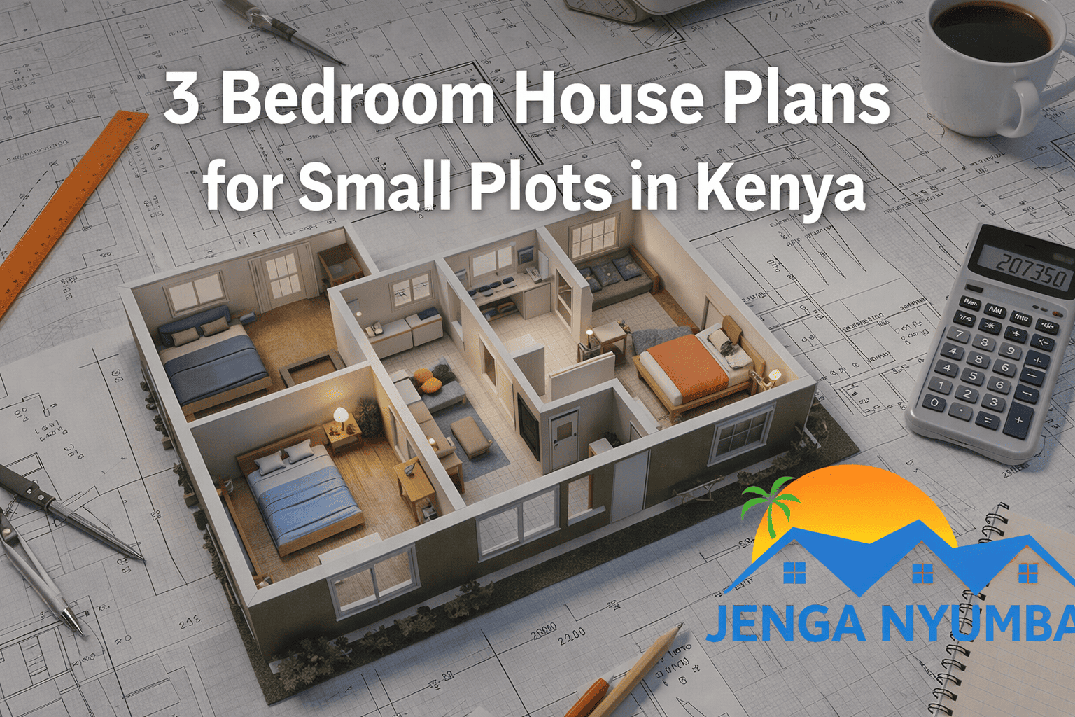 3 bedroom house plans for small plots in Kenya shown as a modern floor plan layout on architectural blueprints for Jenga Nyumba.