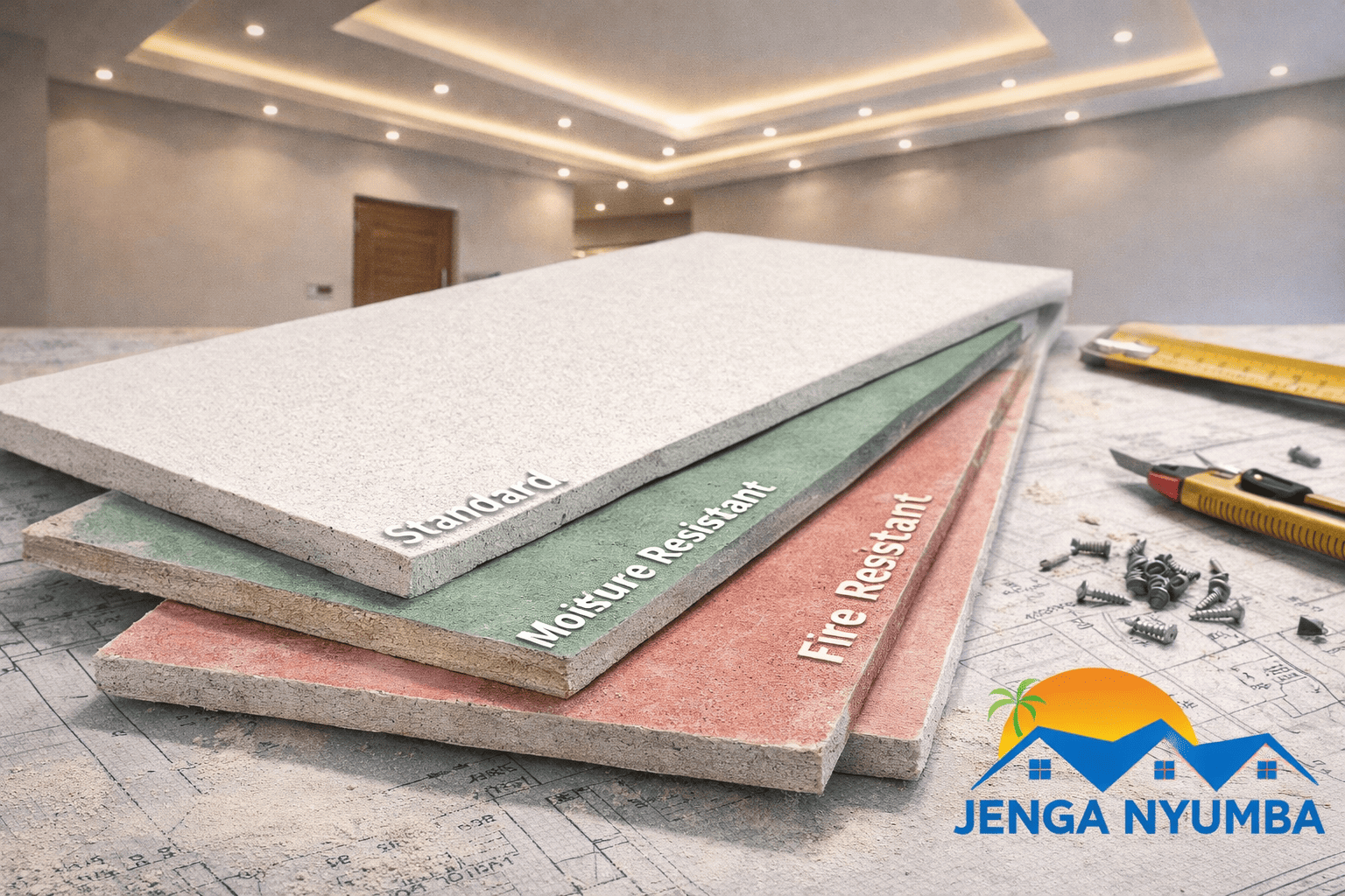 Types of gypsum boards in Kenya including standard, moisture resistant and fire resistant boards with a modern gypsum ceiling design