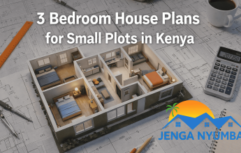 3 bedroom house plans for small plots in Kenya shown as a modern floor plan layout on architectural blueprints for Jenga Nyumba.